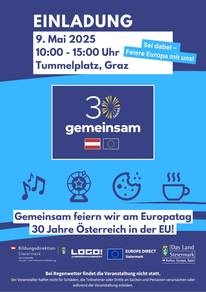 Einladung zum Europatag 30 Jahre Österreich in der EU in Graz am 9. Mai 2025